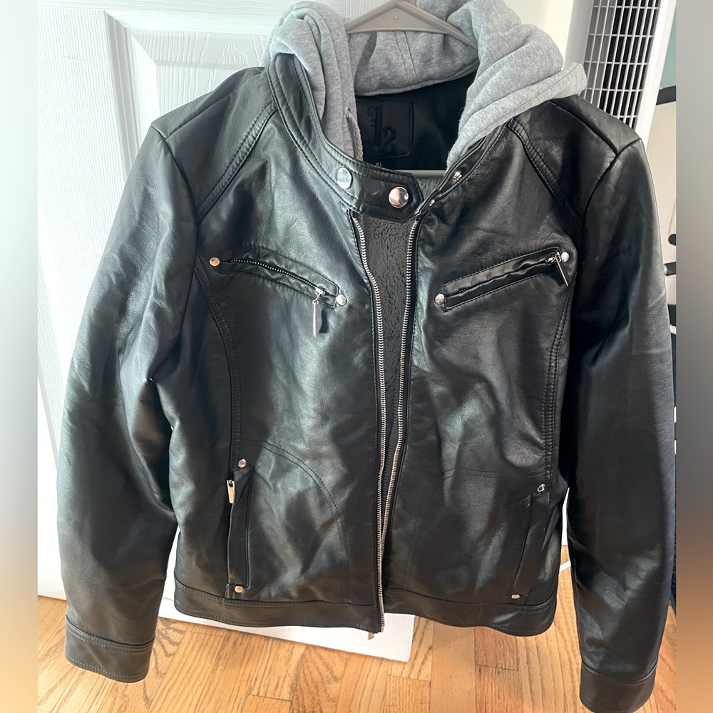 XL Faux Leather Jacket with Plush Fur Lined Inside and Detachable Hood